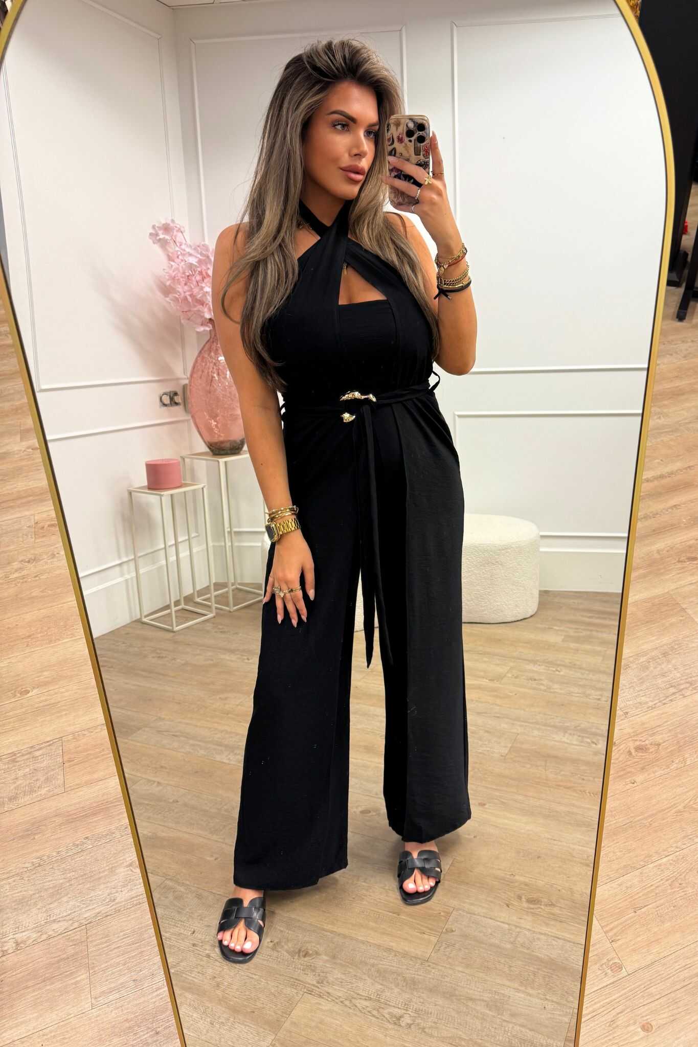 Rosie Jumpsuit Black, White and Taupe