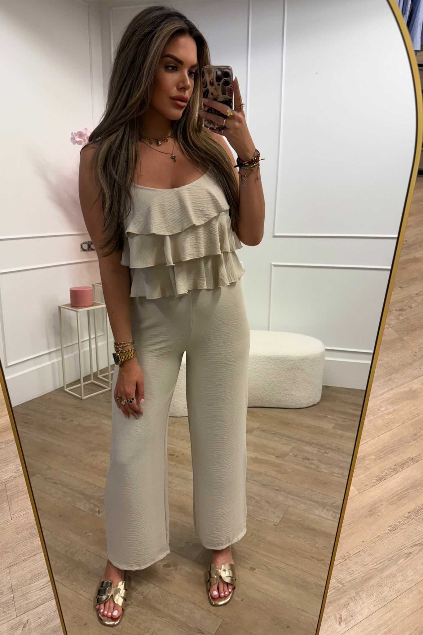 Lily Jumpsuit Ruffle Black, Mint and Beige