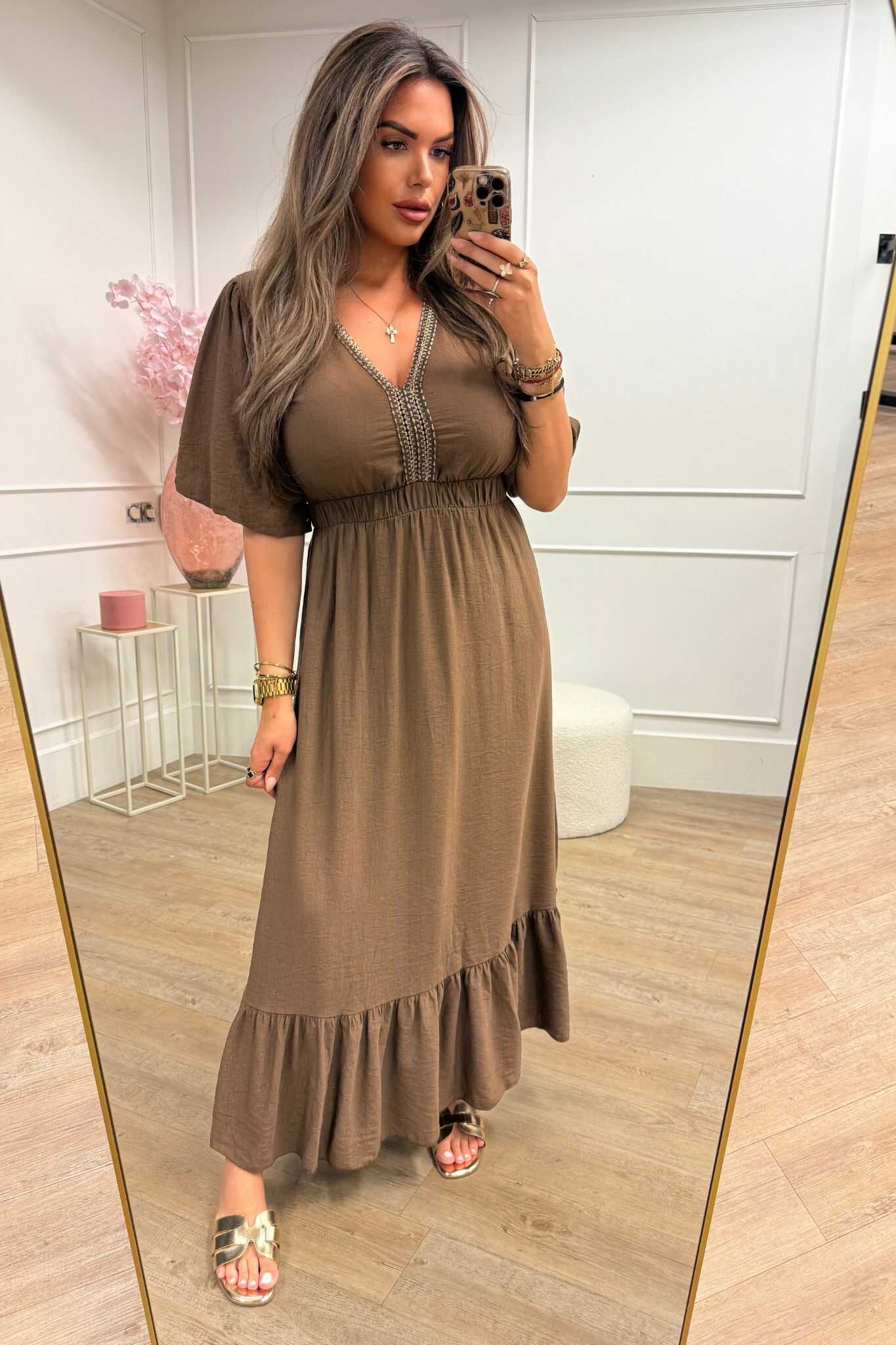 Charlotte Dress Brown, Taupe and Blue