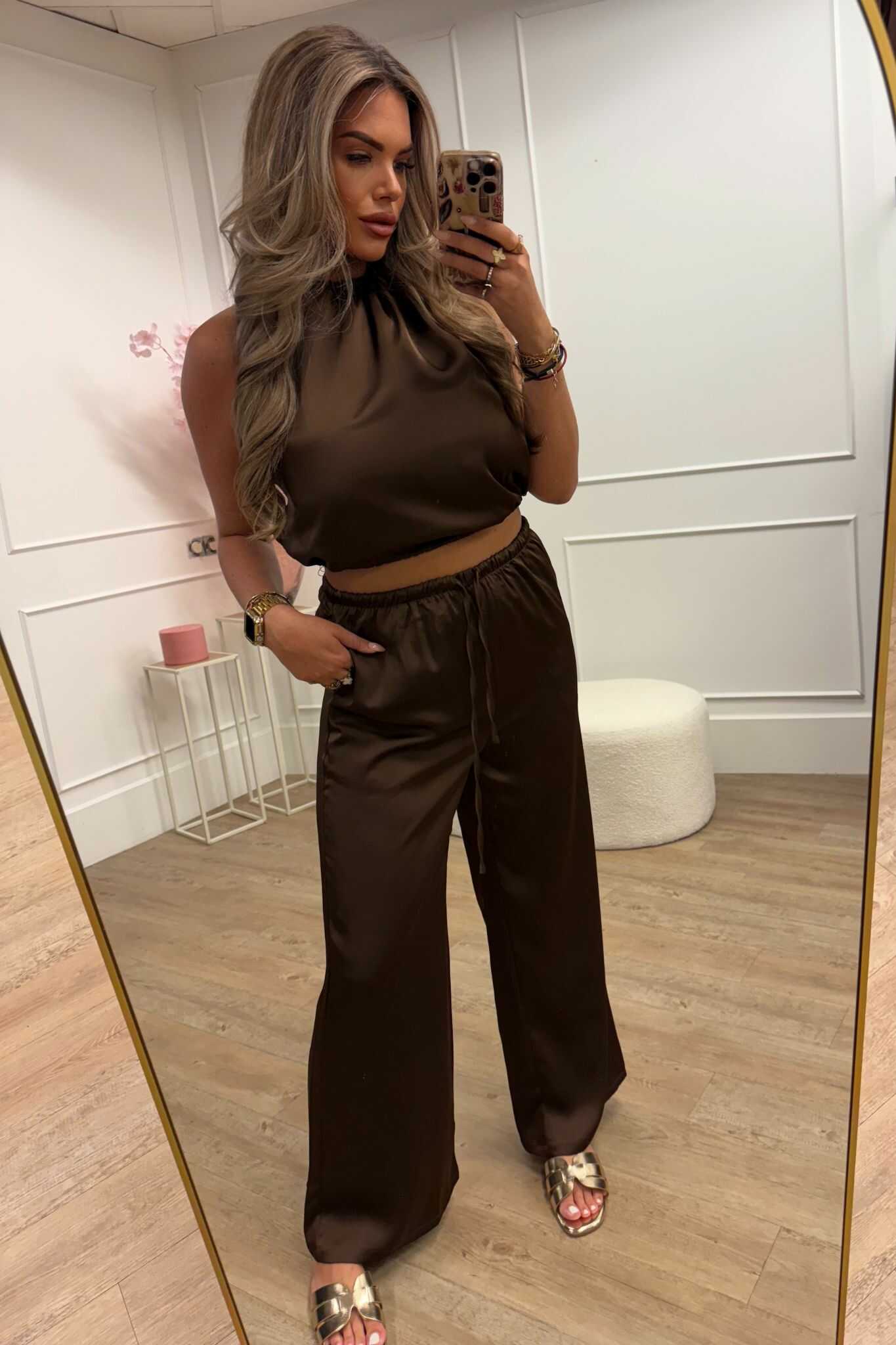 Evi Satin Set Brown Pants & Top