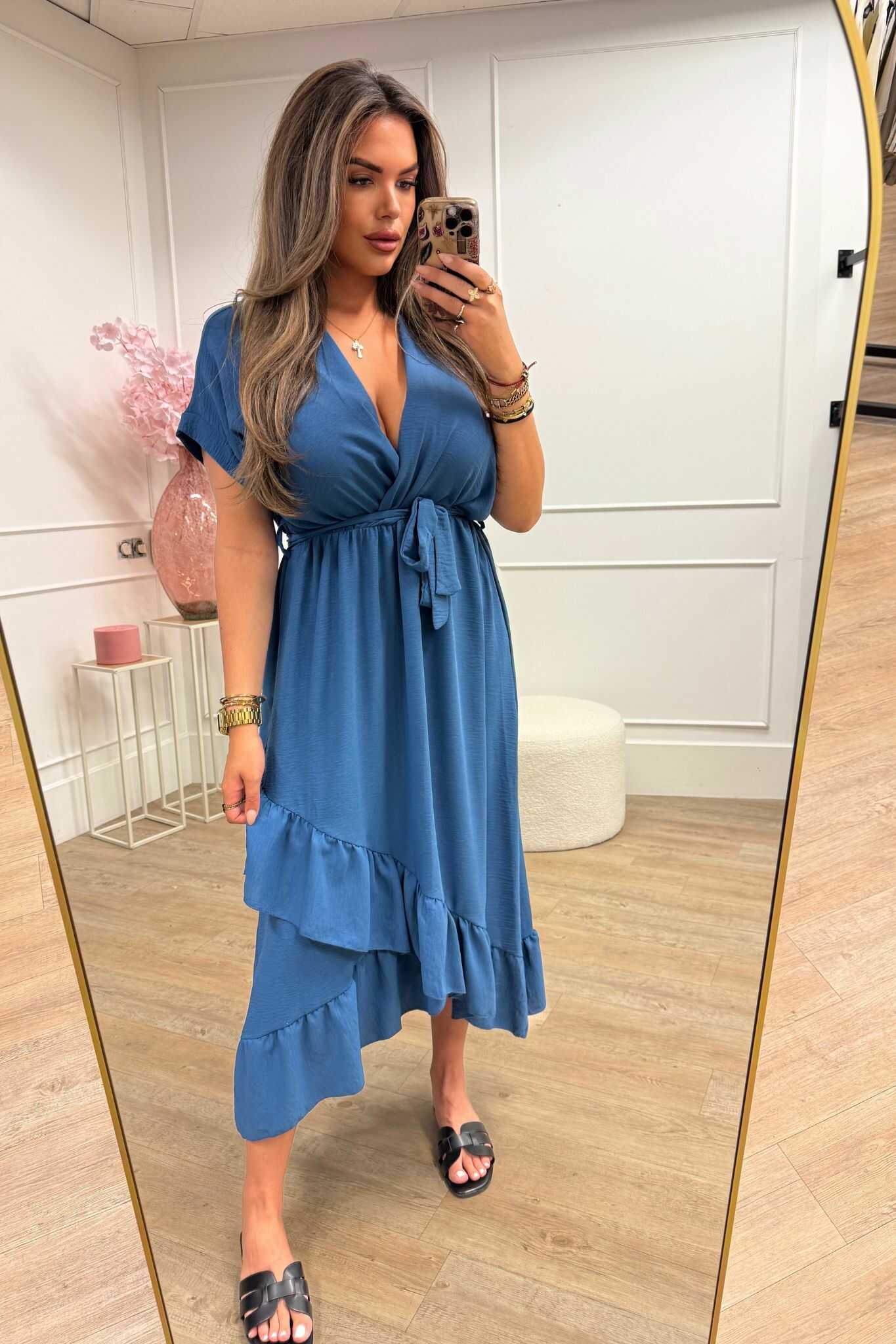 Suze Dress Blue, Koraal and Camel