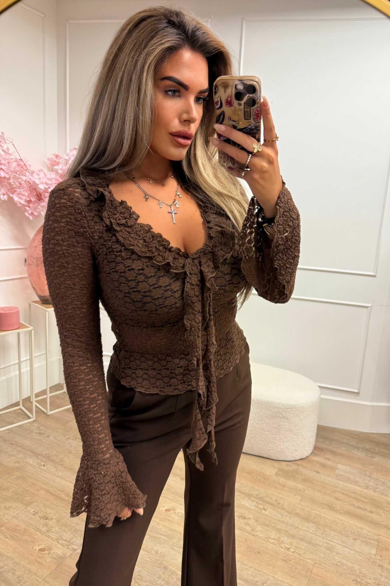 Lois Lace Ruffle Top Black and Brown
