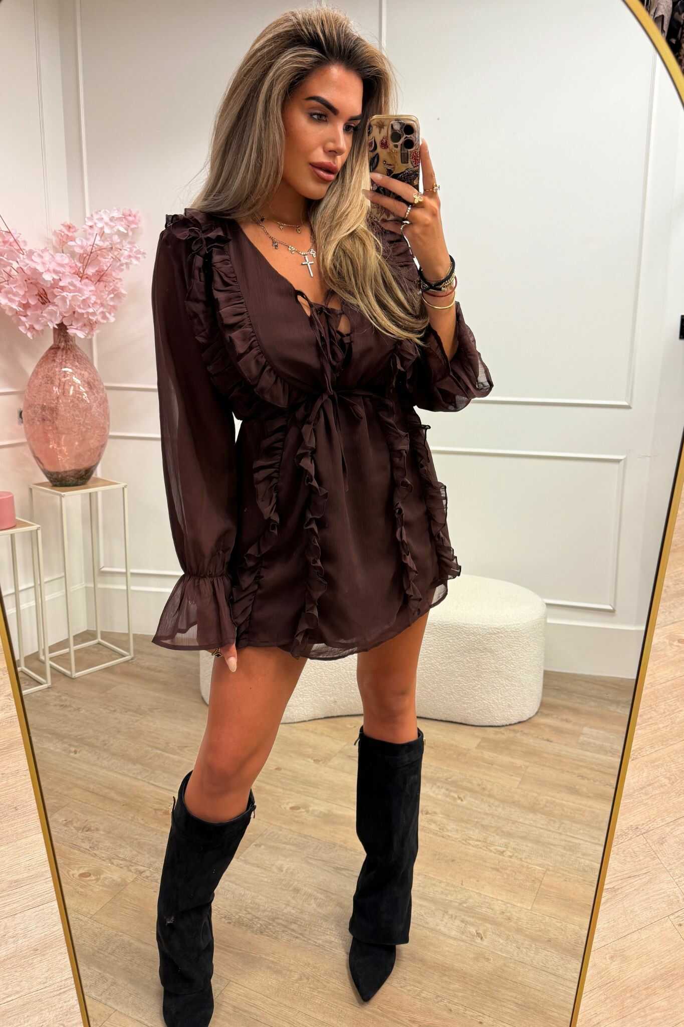 Livia Ruffle Dress Brown