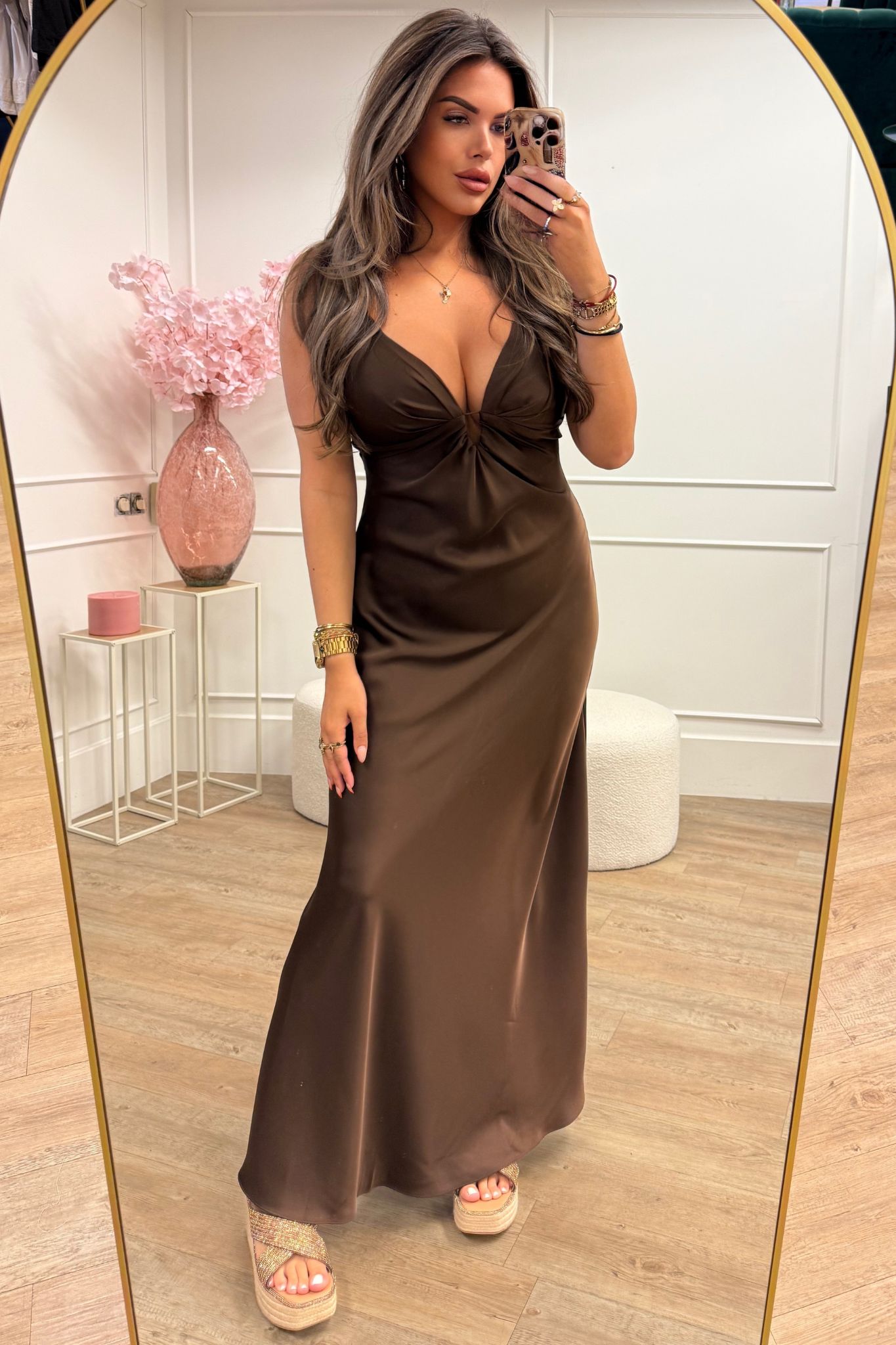 Tess Dress Brown Satin