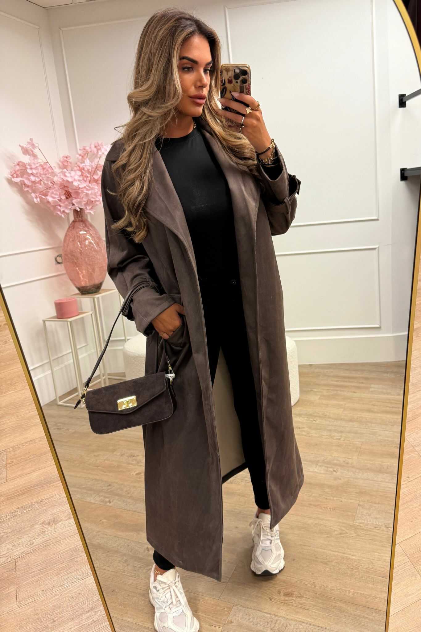 Elisa Suedine Trench Coat Long Brown