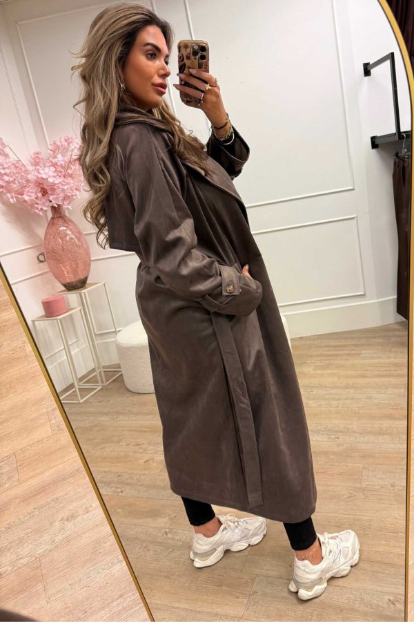 Elisa Suedine Trench Coat Long Brown - Afbeelding 2