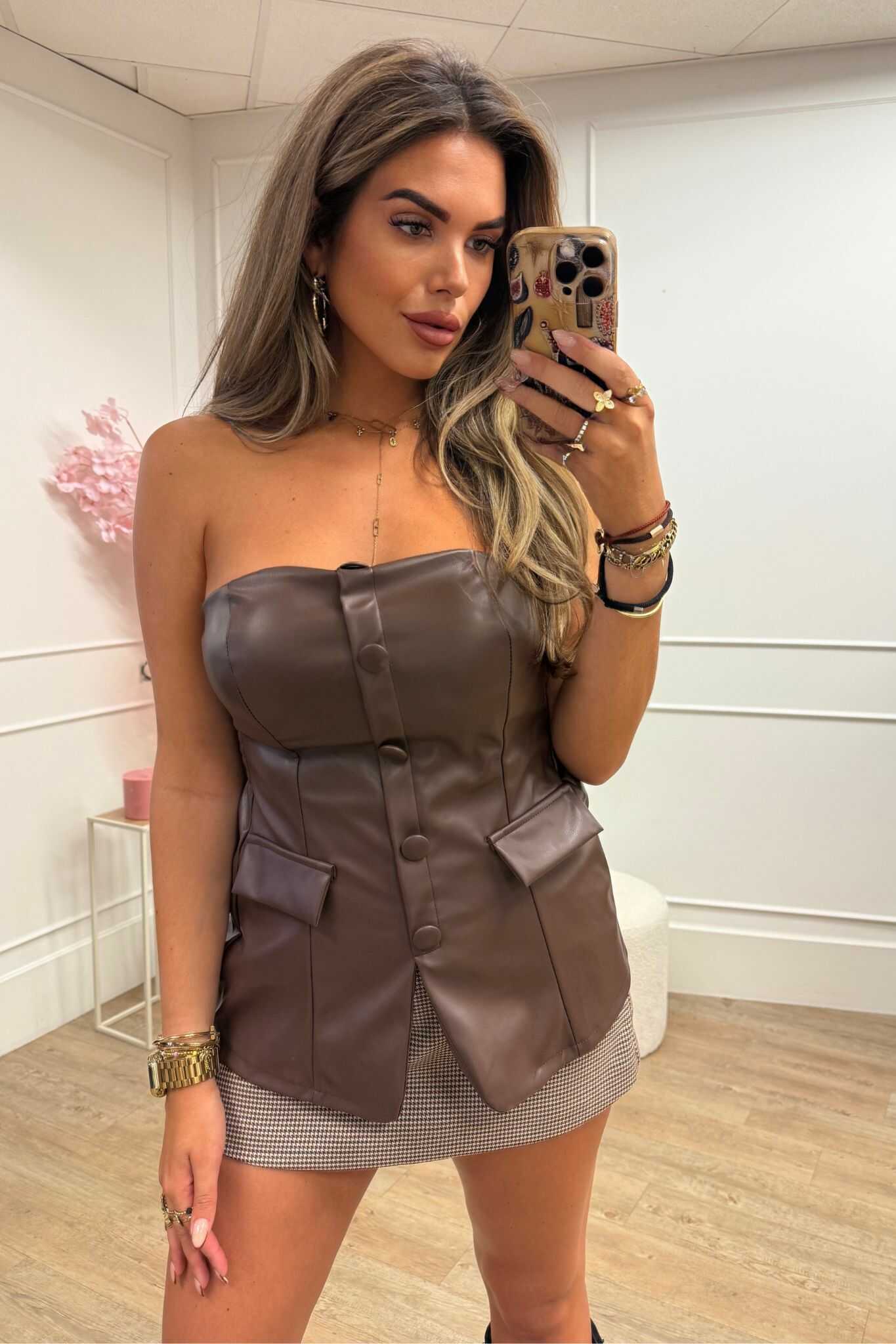 Lou Leatherlook Top Brown, Bordeaux and Black