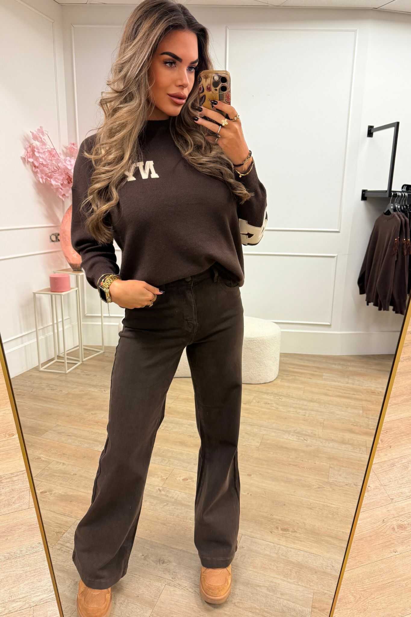 Jewelly Wide Leg Jeans Brown JW8712-17