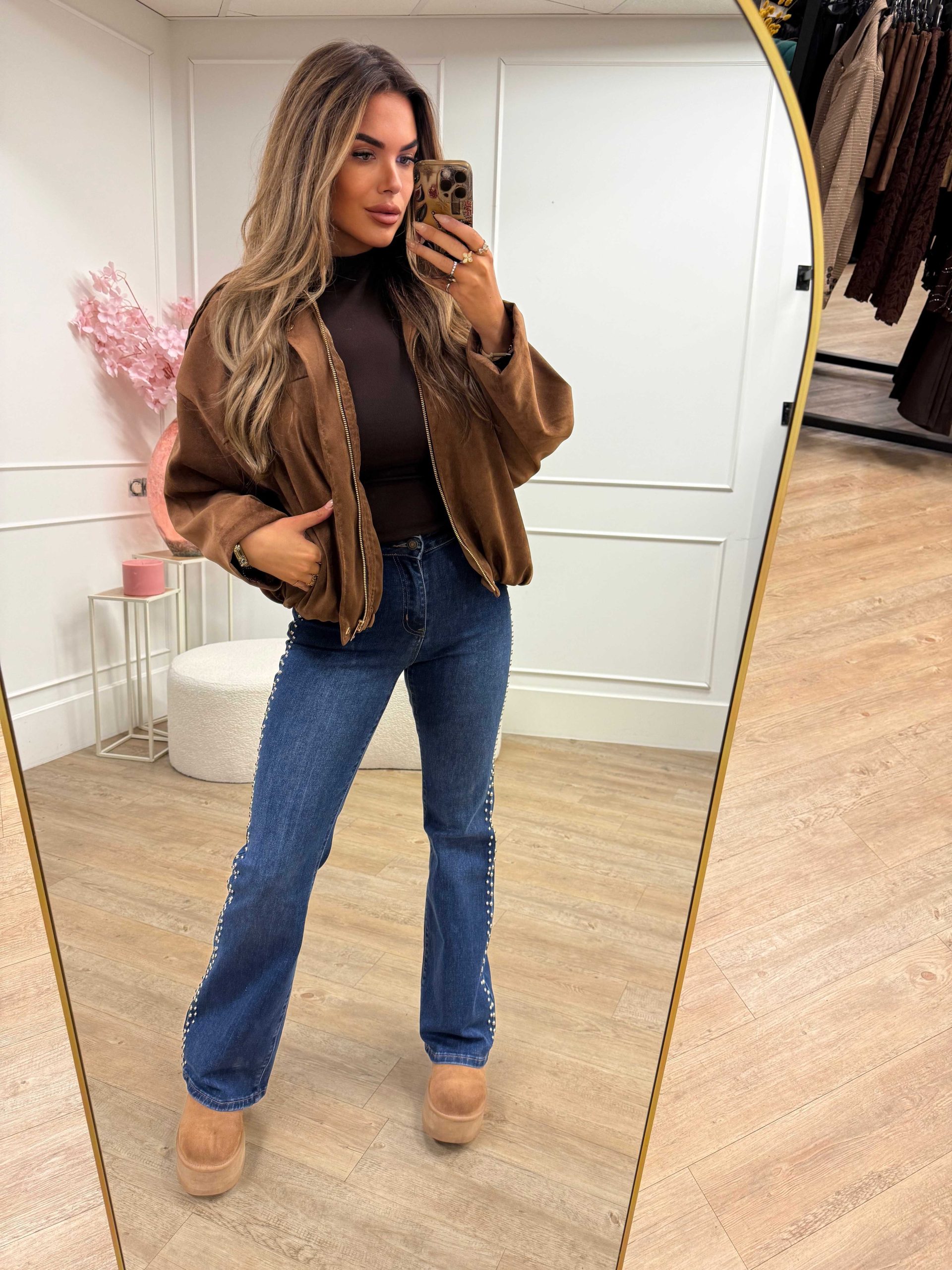 Elena Suedine Jacket Brown and Camel