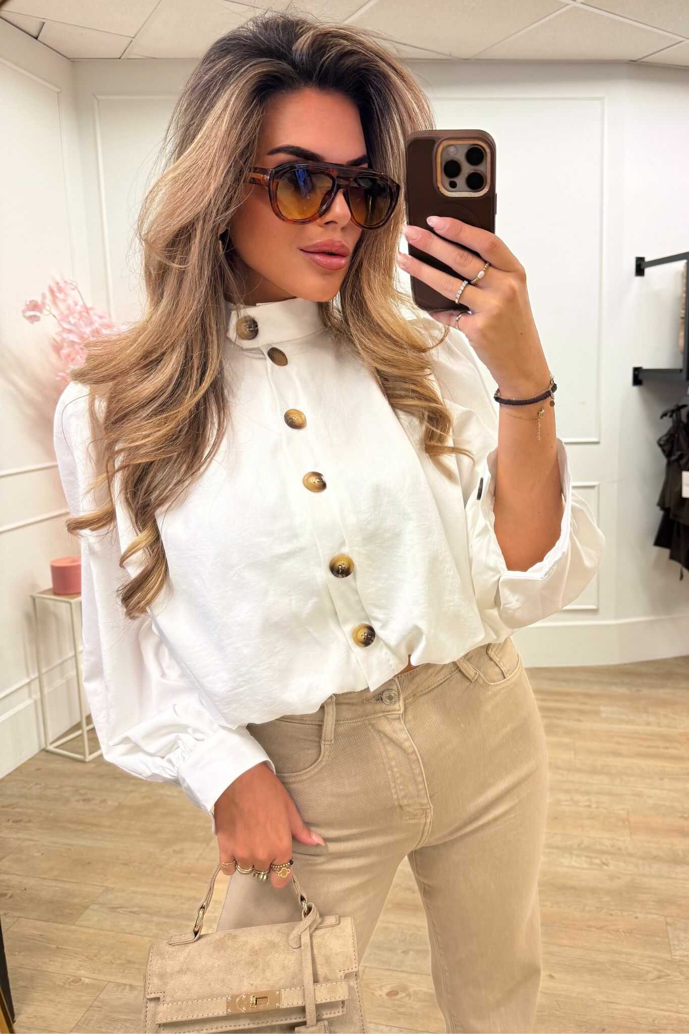 Mara Blouse Taupe and White