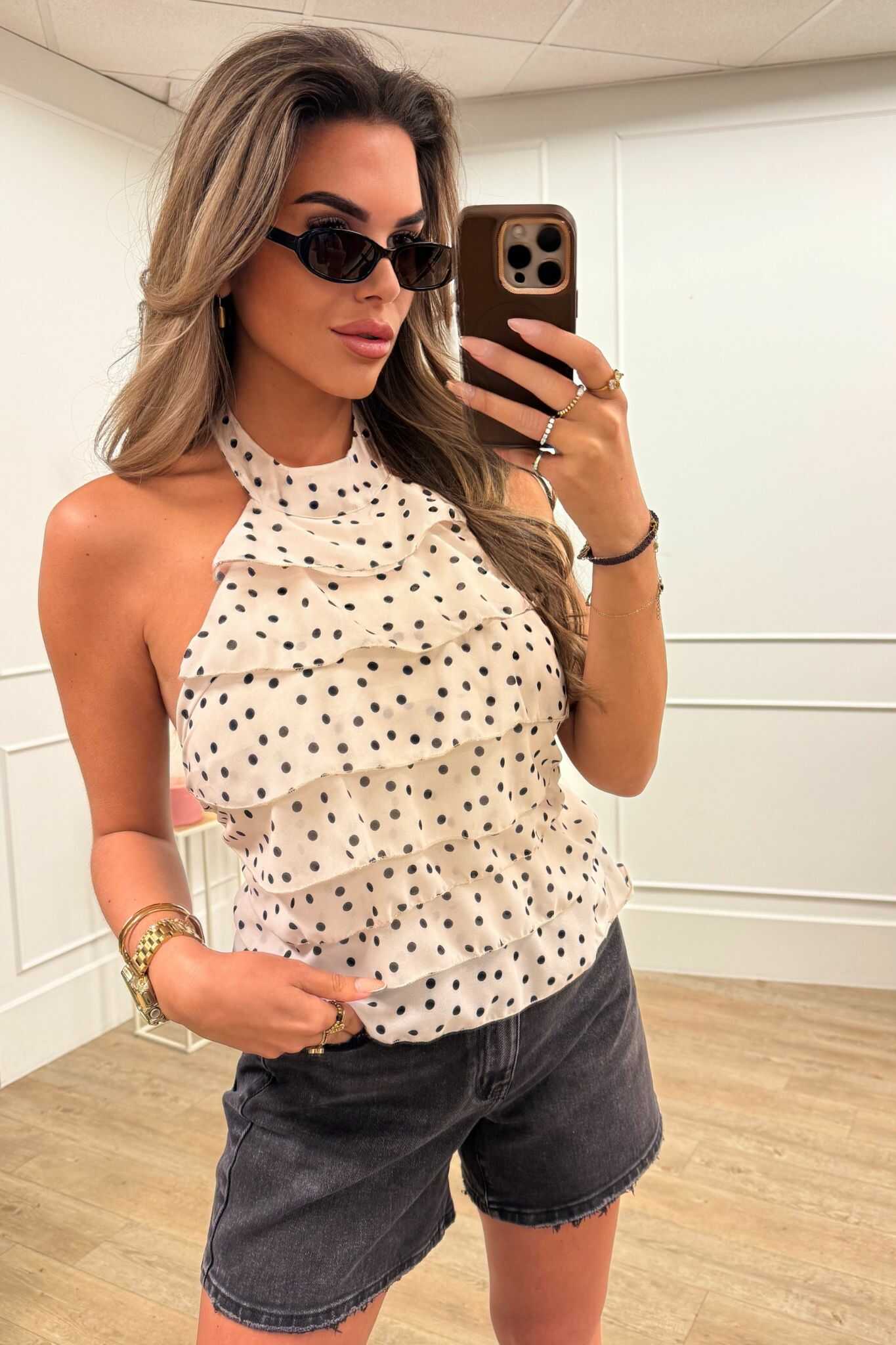 Luna Dot Top Yellow/Blue, Taupe/Brown and Creme/Black