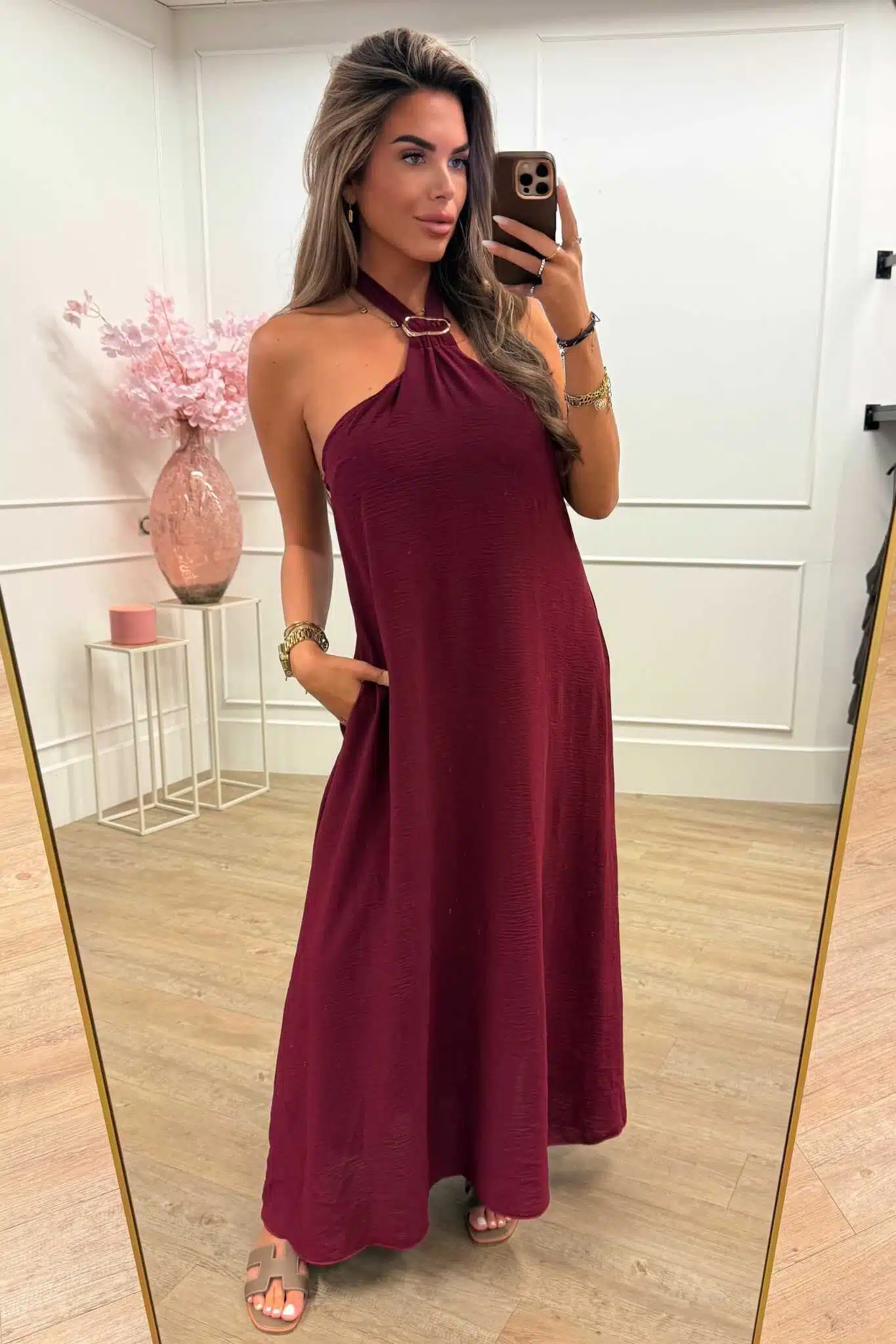 Aafke Dress Bordeaux and Camel
